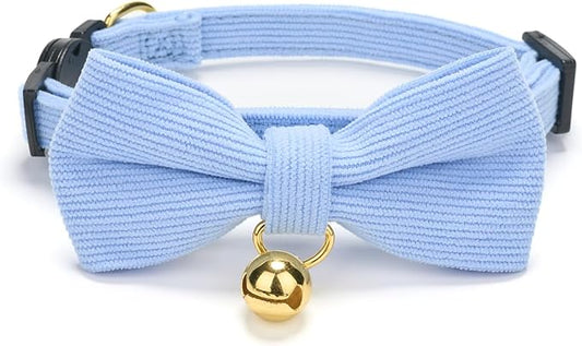 Soft Corduroy Cat Collar with Bell and Bowtie, Safety Breakaway Clasp, by Petiry