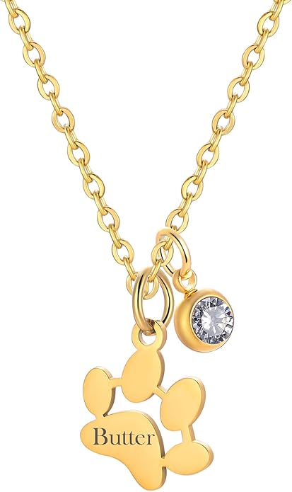 Birthstone necklace for women, Dainty gold necklace, Custom Engraved Paw Name by MeiceM