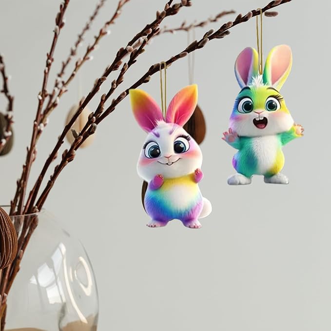 5 Pcs Bunny Easter Ornament 2D Flat Acrylic Rabbit Pendant Hanging Decor - Image 2
