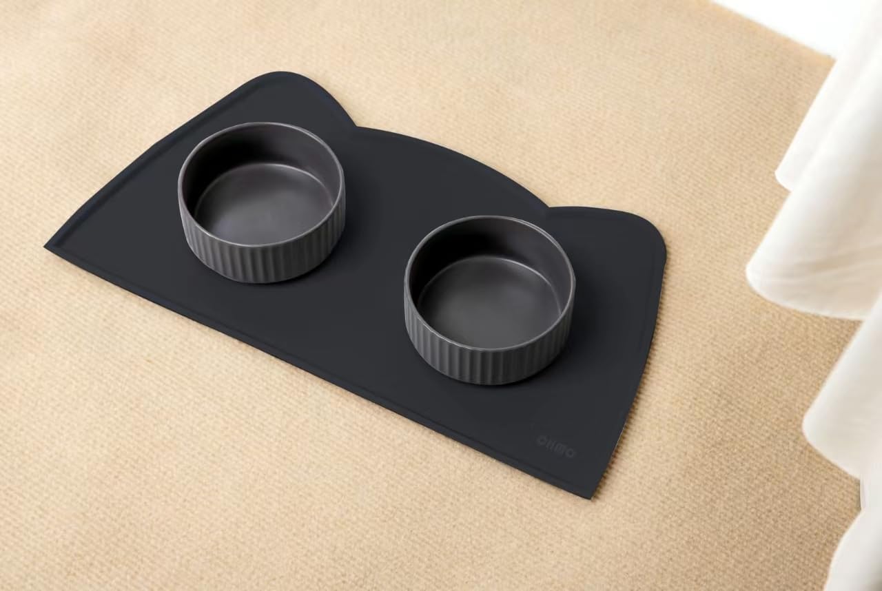 OHMO - Cat Food Mat, Silicone Pet Feeding Mat for Floor Non-Skid Waterproof Dog Water Bowl Tray, Easy to Clean Pet Placemat (Black, 18 * 9.8'')