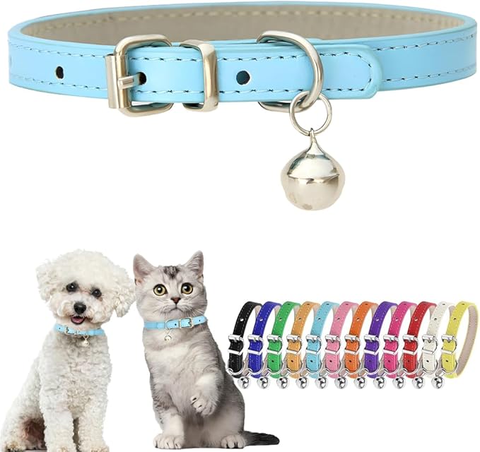 Sky Blue Puppy Collar with Bell Faux Leather Small Dog Collar with Bells by Hotlion