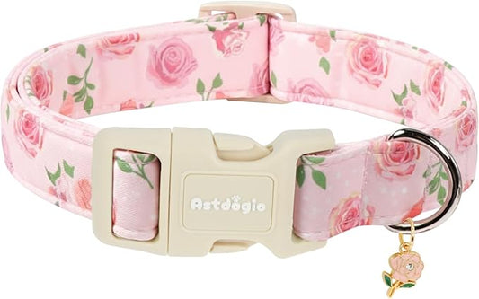 Spring Summer Dog Collar with Pink Rose, Adjustable Cotton Puppy Collars by Unknown