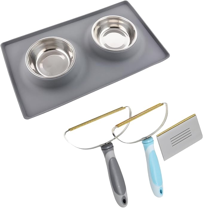 Dog Bowls with Mat and Pet Hair Removal Tool, Carpet Rake by Guardians