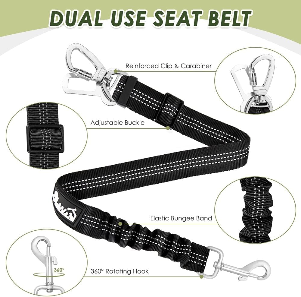 SlowTon Dog Seat Belt Harness for Car, Dog Car Harness Adjustable Mesh Breathable & Dog Seatbelt Safety Tether with Elastic Bungee for Small Medium Large Pets(Blue, Double Clip, M)