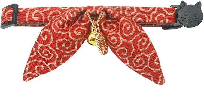 Bunny Ears Cat Collar, Japan Lucky ‘開三運’ Charm. Safety Breakaway Bowtie Kitten - Image 3