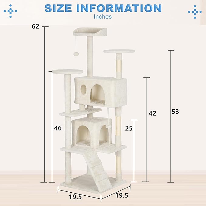 FDW | 62" Cat Tree Tower | Beige | Multi-Level Indoor Activity Center - Image 7