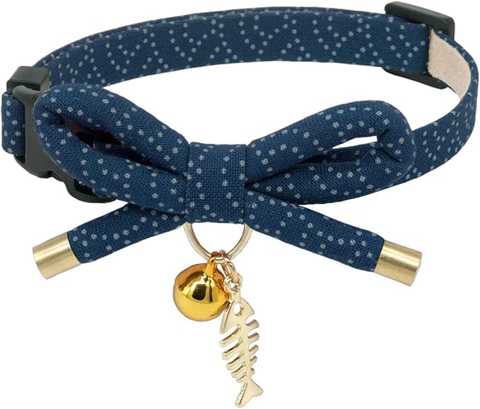 Cute Bowtie Cat Collar with Bell. Japanese Stylish Bowknot & Fish Charm. Safety by PetSoKoo