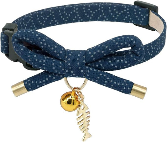 Cute Bowtie Cat Collar with Bell. Japanese Stylish Bowknot & Fish Charm. Safety by PetSoKoo