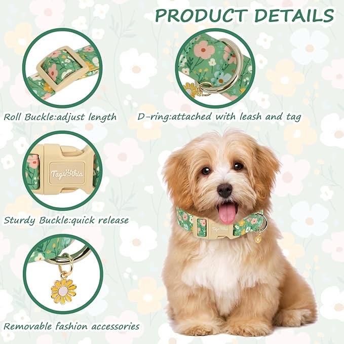 Dog Collar with Floral Patterns, Spring Summer Collection Green Dog Collar with - Image 3