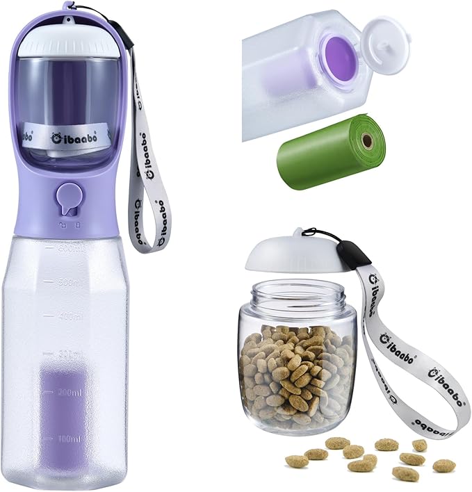 Cibaabo Dog Water Bottle with Food Container & Poop Bag Holder, Travel Water by Cibaabo
