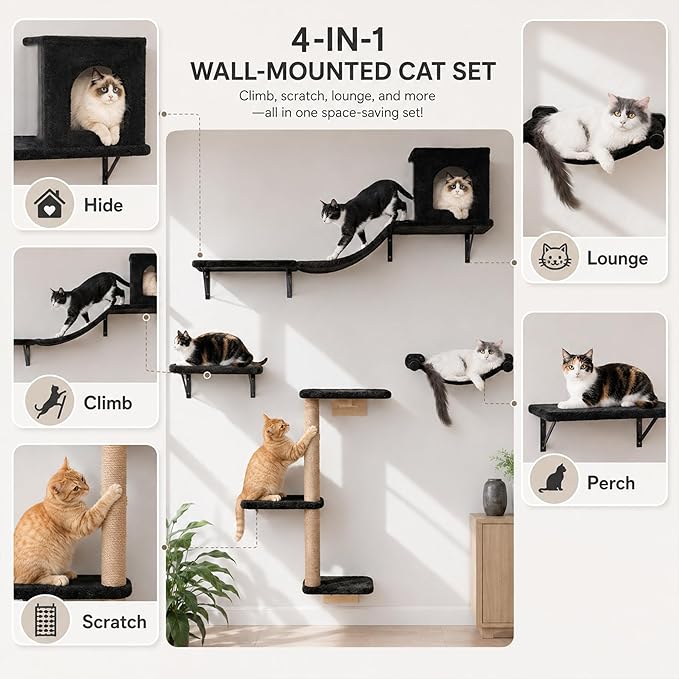Wall Mounted Cat Furniture Set of 4 – 4 in 1 Cat Wall Shelves - Image 5