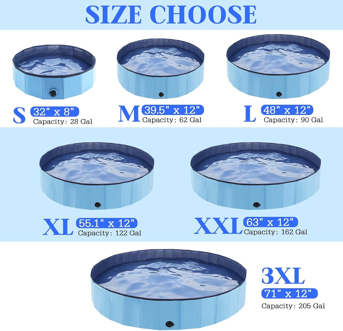 Foldable Dog Bath Swimming Pool Plastic Kiddie Pool Professional Tub Collapsible Grooming Bathtub for Pets Kids Baby and Toddler, 32 x 8 Inches Blue