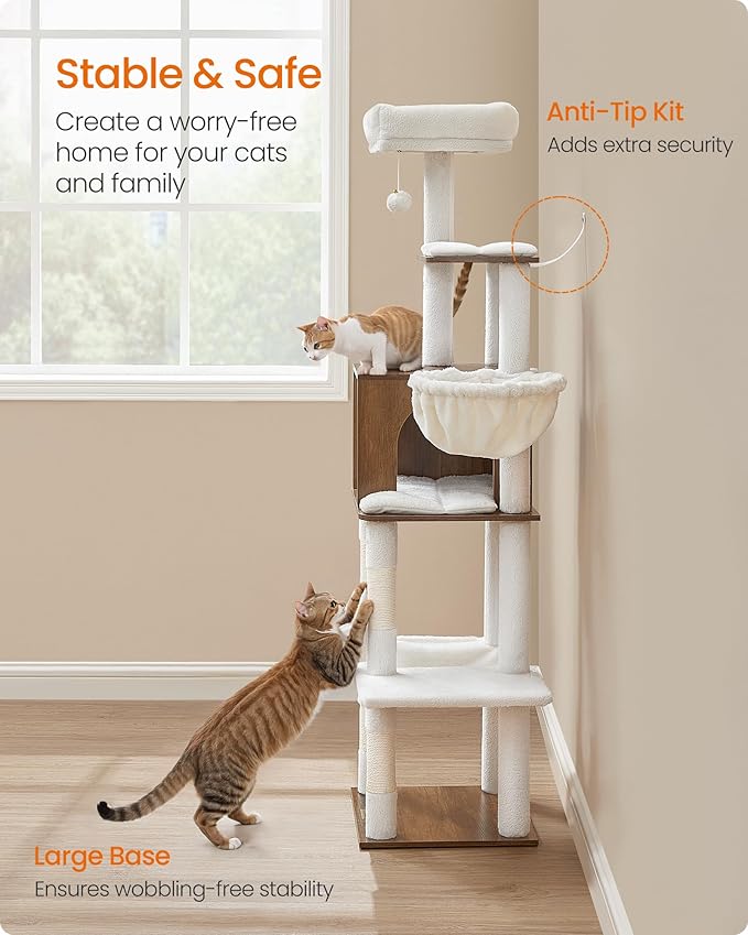 Feandrea Cat Tree, 65-Inch Tall Cat Tower, Scratching Posts, Honey Brown - Image 6