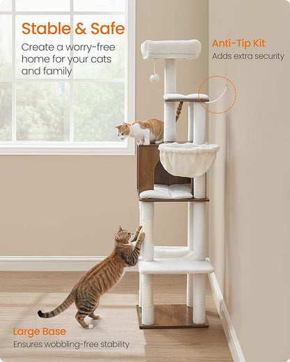 Feandrea Cat Tree, 65-Inch Tall Cat Tower, Scratching Posts, Honey Brown - Image 6