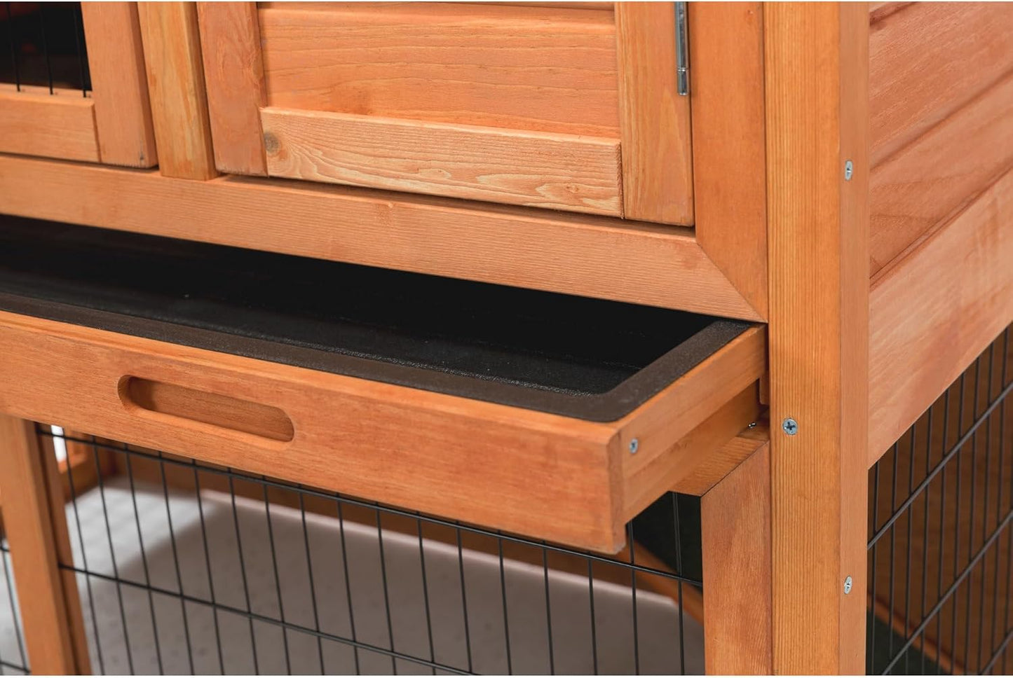 TRIXIE natura Outdoor Rabbit Hutch with Run - 2-Story Rabbit Cage with Non-Slip Ramp - Large Elevated Small Animal House with Secure Playpen, Hinged Roof & Pull-Out Tray - in Brown