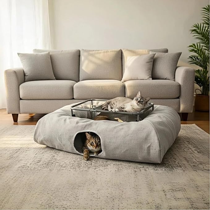 XxingSheep 2-Tier Hammock XXL Cat Tunnel Bed, 4 Cave Premium Hemp Fabric - Image 4