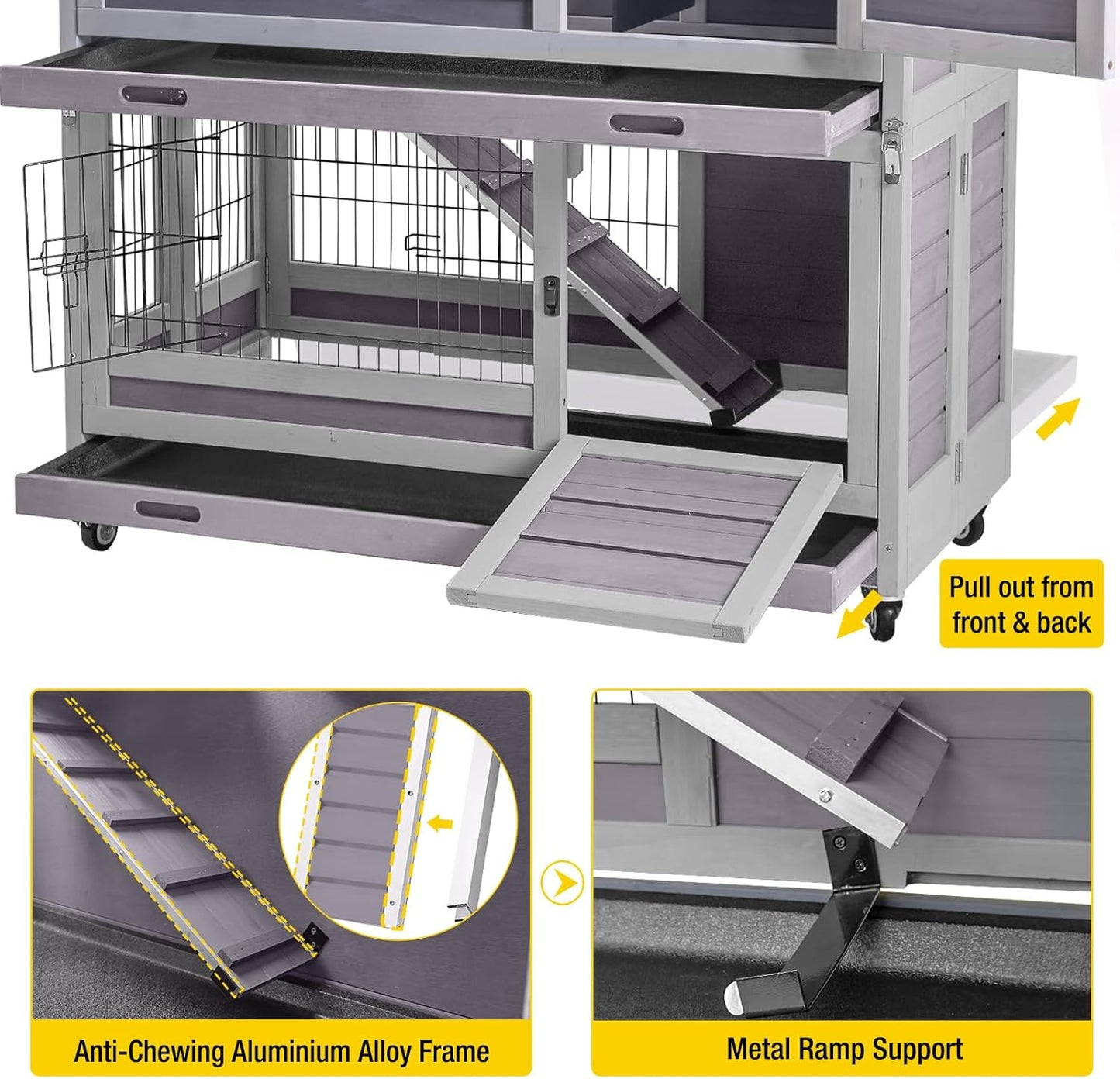 Aivituvin Large Rabbit Hutch Indoor and Outdoor Folding Bunny Cage on Wheels Guinea Pig Cage with Deep No Leak Pull Out Tray,Upgrade Version (Light Gray)