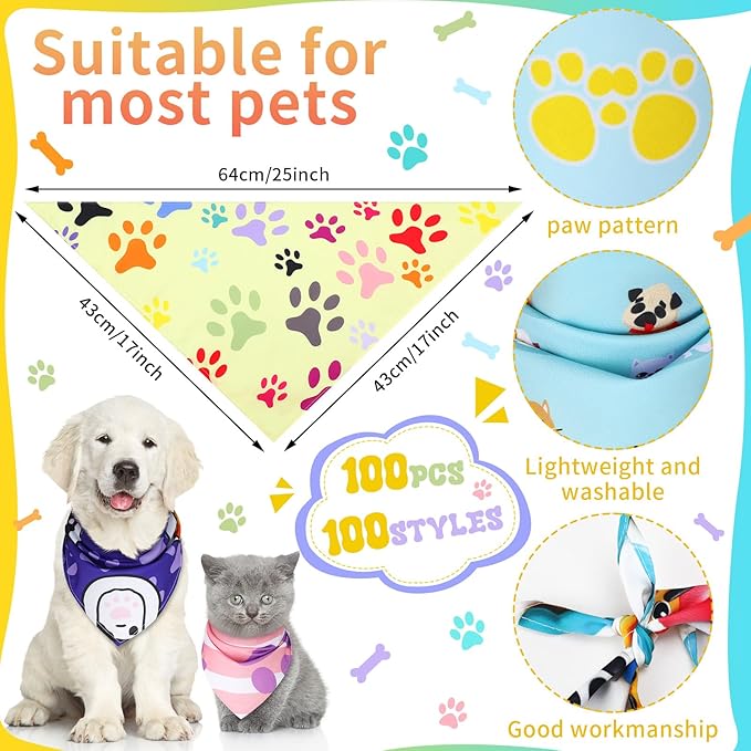 Huhumy 100 Pcs Paw Dog Bandanas Bulk Pet Bibs Colorful Triangle Scarf Paw - Image 2