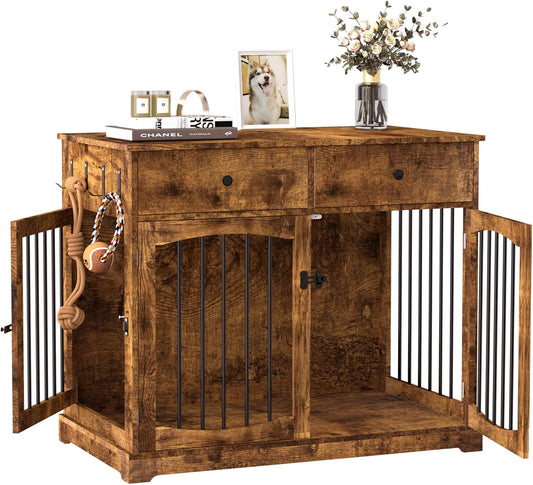 BREEZEHEAT 40 inch Dog Crate Furniture-Farmhouse Dog Kennel with Drawers-End Table Wooden Pet Crate, Double Door Design, Decorative Dog House Indoor for Small Medium Large Dog,Brwon