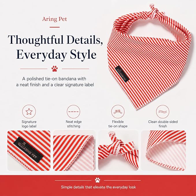 ARING PET Stripe Dog Bandanas, Cute Red Pet Bandana Scarf Triangle Bib - Image 2