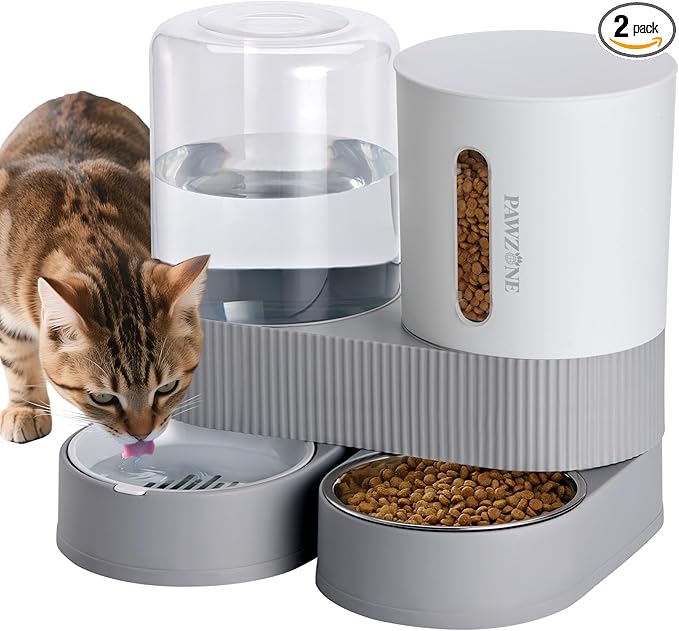 2 Pack Automatic Cat Feeder Stainless Steel Water Dispenser Gravity Food Feeder by Pawzone