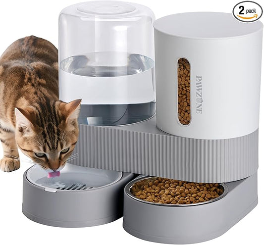 2 Pack Automatic Cat Feeder Stainless Steel Water Dispenser Gravity Food Feeder by Pawzone