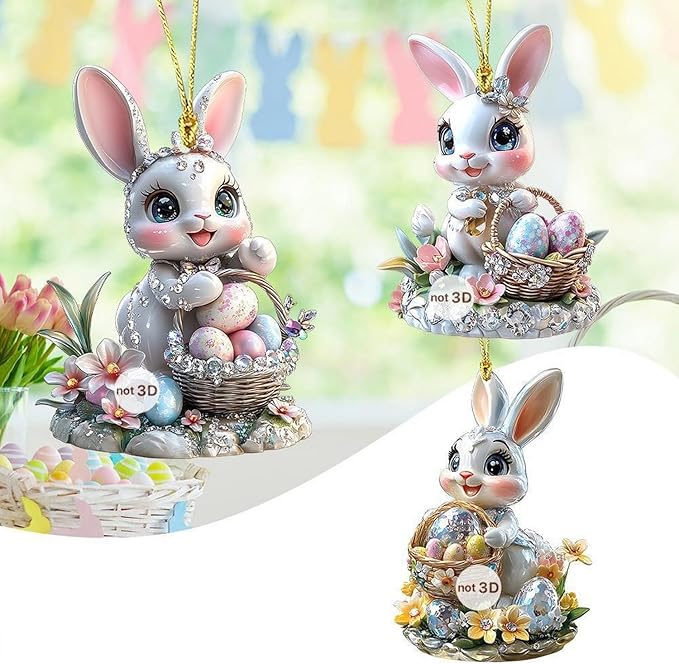 3 Pcs Easter Decorations Acrylic Hanging Ornaments Bunny Flower Garland Designs - Image 2