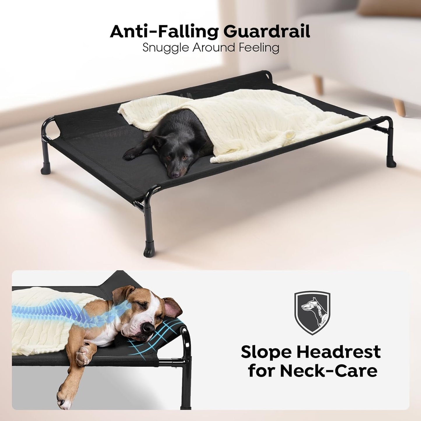 Veehoo Elevated Dog Bed, Cooling Raised Dog Bed with Guardrail & Headrest, Upgraded Non-Slip Silicon Feet, Breathable Teslin Mesh, Portable Pet Cot for Indoor and Outdoor, 29 x 18 Inches, Black