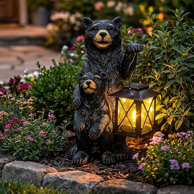 Black Bear Garden Statue with Solar Lantern, Bear Figurine Lights - Image 6