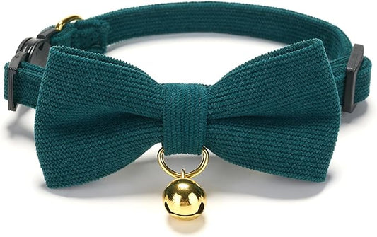 Soft Corduroy Cat Collar with Bell and Bowtie, Safety Breakaway Clasp, by Petiry