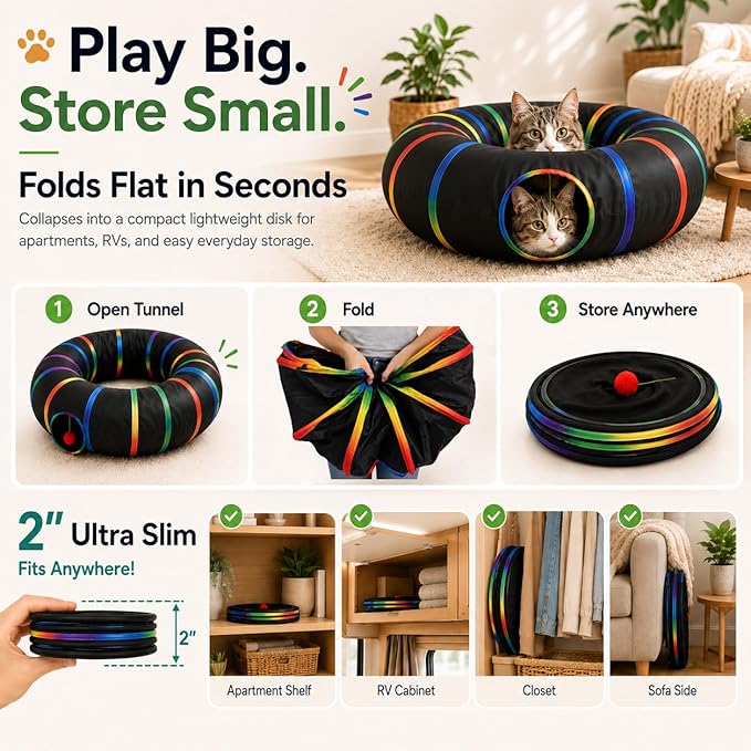 Cat Tunnel Toy with Plush Ball & Cat Wand Feather Toys-Portable Tattaff - Image 4