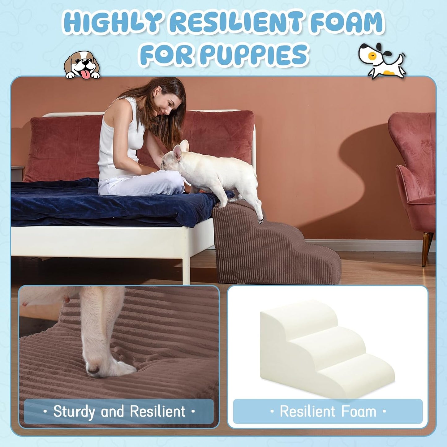 Dog Stairs & Steps for High Beds, 2 Steps High Density Foam Waterproof Dog Ramp for Small Dogs and Cats, Pet Stairs with Washable Cover for Bed, Couch, Sofa and Car, Coffee (H: 11.8")