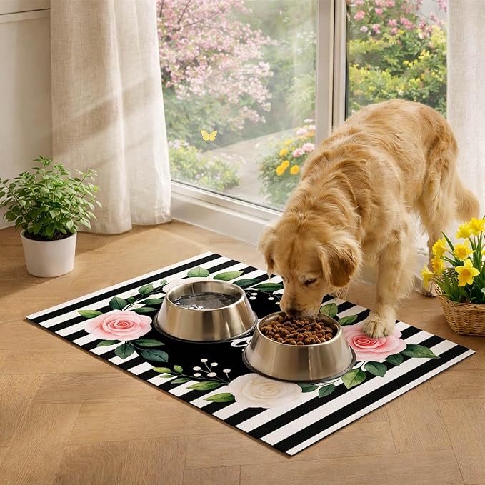 HOMETITUTE Pet Feeding Mat Black White Stripe Pattern 20" x 12", Welcome Sign - Image 4