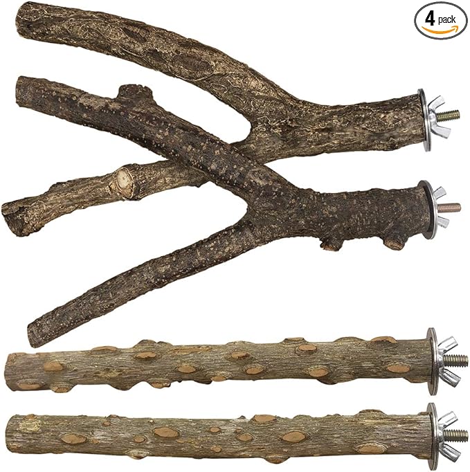 LIMIO Bird Perch 4 PCS Natural Wood Stand Parakeet Toys Bird Cage Accessories by LiMio