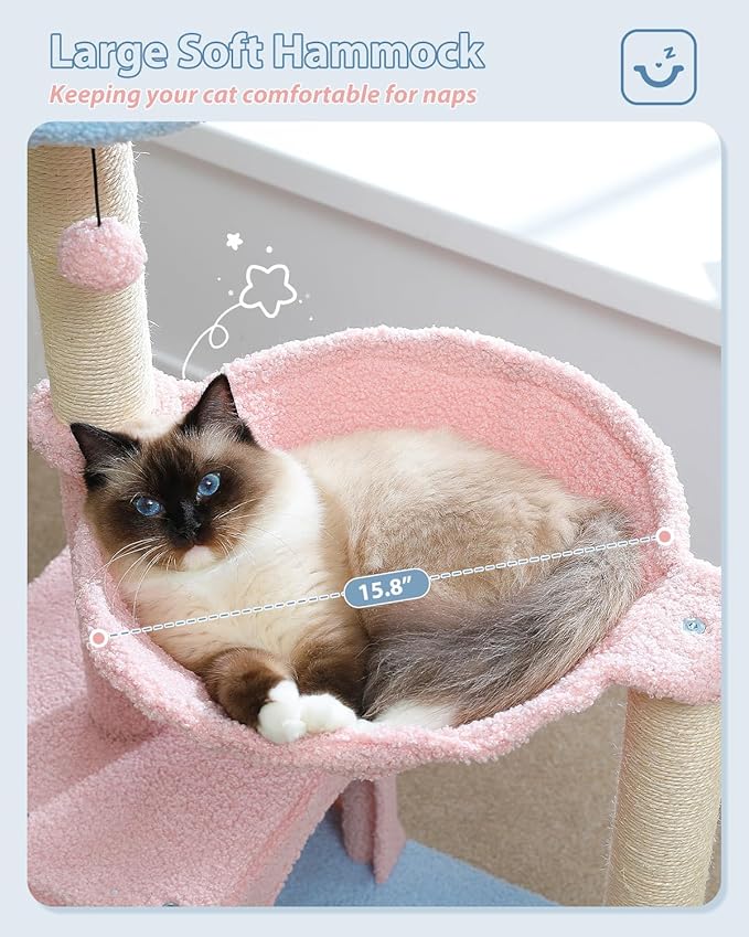MUTTROS Flower Cat Tree with Large Metal Frame Hammock, Cat Condo with Blue Top - Image 4