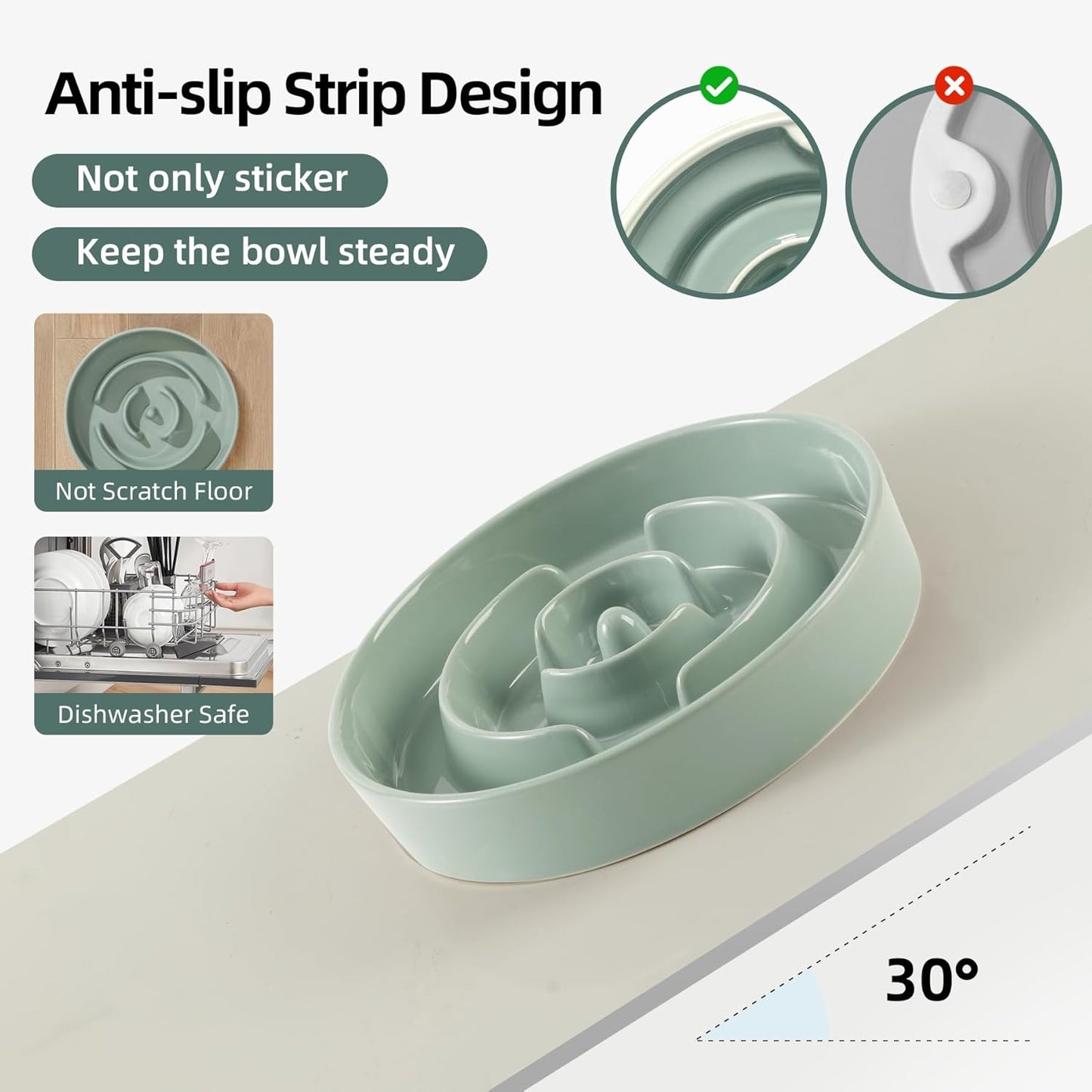 7.3inch Ceramic Raised Slow Feeder Dog Bowl Set, Elevated Wooden Stand for Medium and Small Dog, Puzzle Slow Dish, Preventing Choking(Light Green, Single Bowl+ Stand)