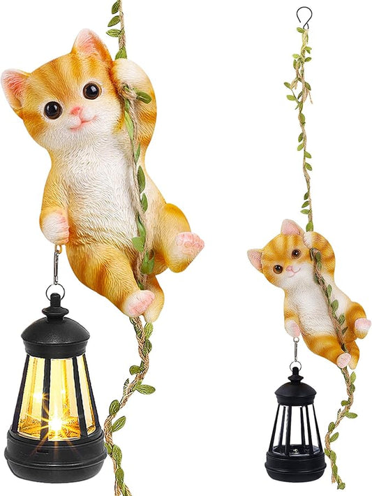 Solar Hanging Cat Statue, Outdoor Resin Orange Cat Figurine by ZaaYee