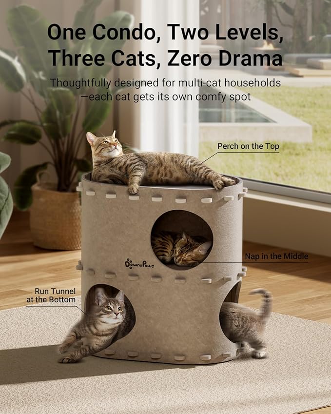 DownyPaws Cat House for Indoor Cats, 2-Storey Foldable Cat Bed Cave, Felt Cats - Image 2