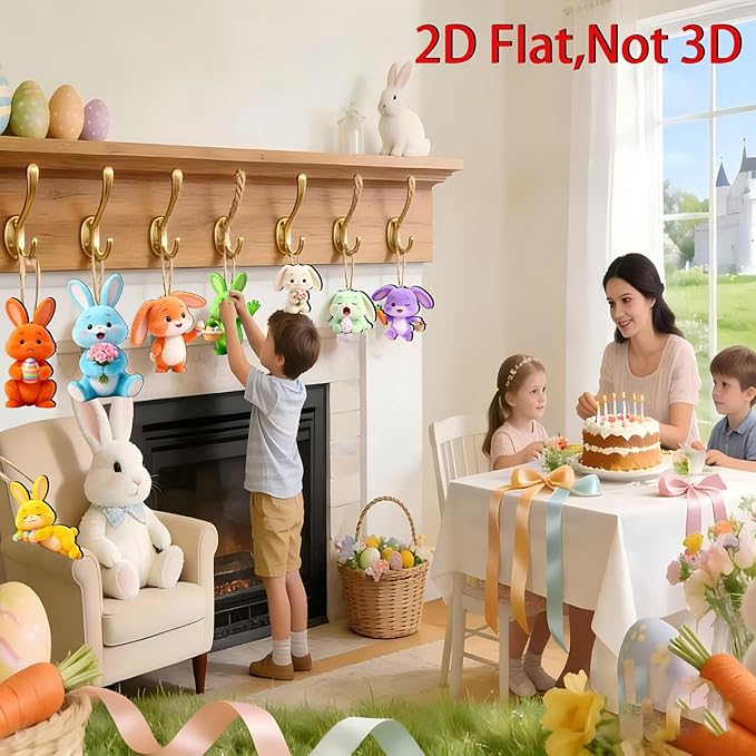 12 Pcs Easter Bunny Hanging Ornaments Cute 2D Wooden Easter Tree Ornaments - Image 2