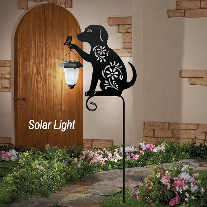 Dog Holding Solar Lantern Garden Stakes Outdoor Metal Dog Stakes Decorative - Image 2