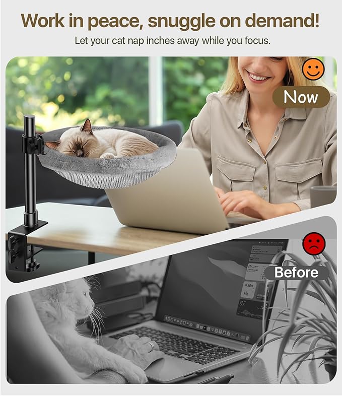 Cat Desk Bed, Cat Hammock for Home Office, 360°Rotating & Adjustable Shelf - Image 5
