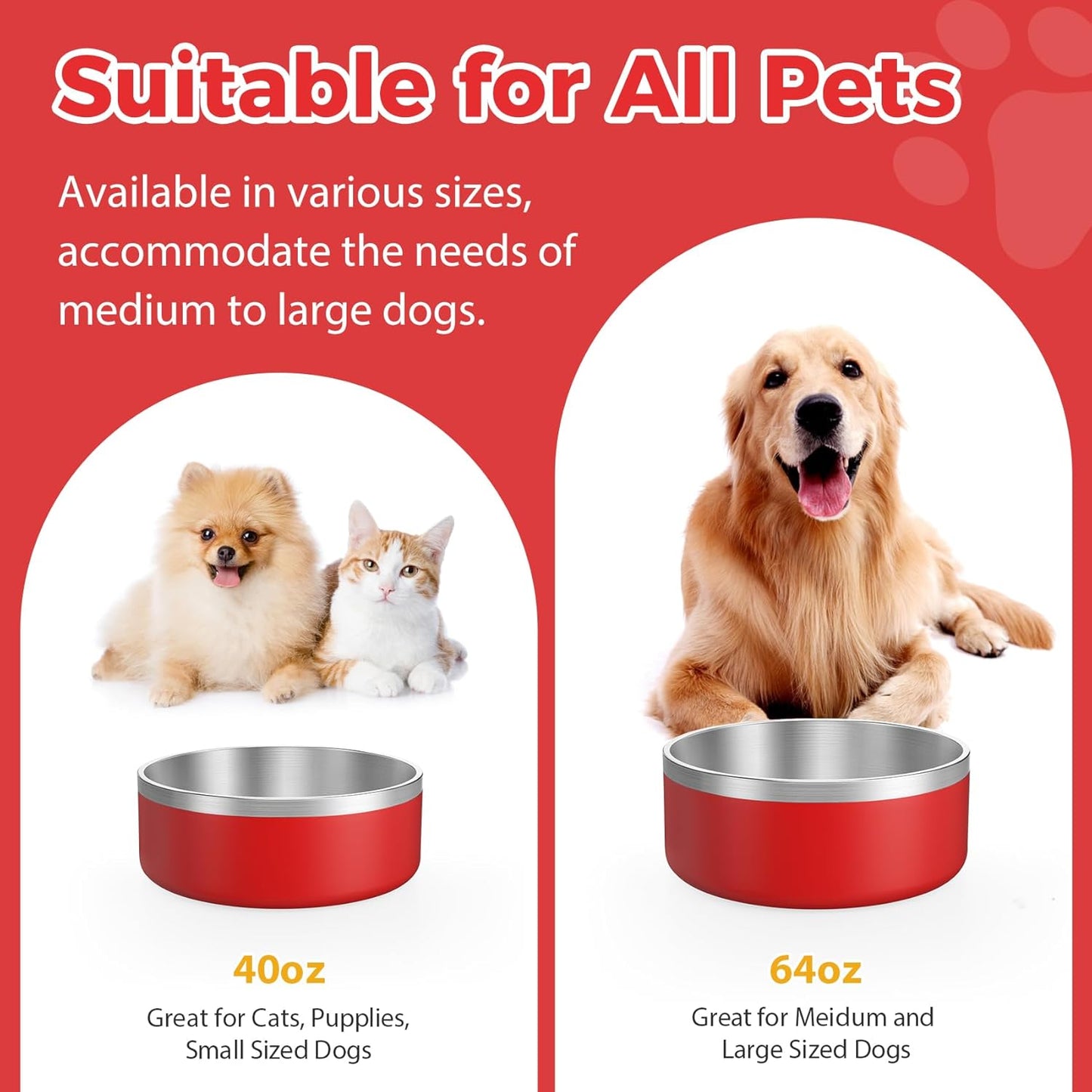 LIANLAI Dog Bowls Large Sized, Rust-Resistant Stainless Steel Dog Bowls, Non Slip Puppy Dishes, Dishwasher Safe (Red，64 oz)
