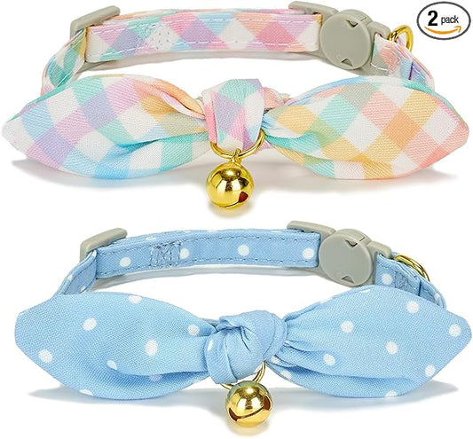 Bowtie Cat Collar with Bell, 2 Pack Cotton Breakaway Kitten Collars with by YUDOTE
