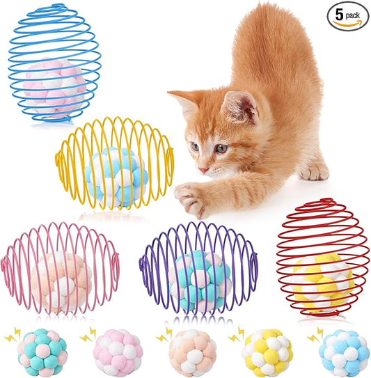 Jecery 5 Pcs Cat Spring Toys Stretchable Rolling Balls Colorful Playful Coils by Jecery