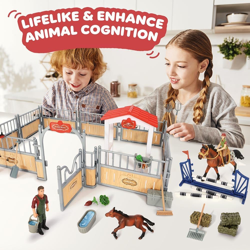 Horse Stable Playset, Horse Toys Set for Girls and Boys with Rider, Farm Animal Figurines Barn Toys, Pretend Play for Kids 3-5 6 7 8-10 Birthday Gifts