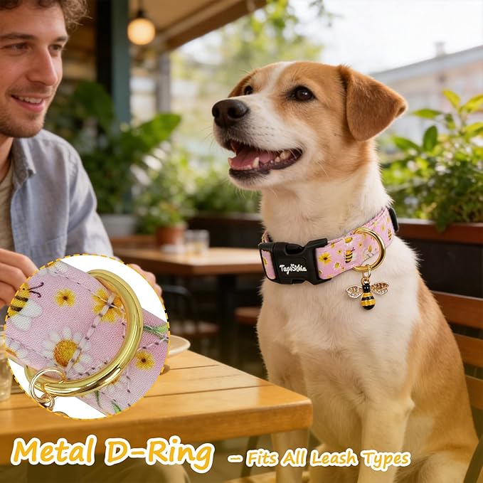 Dog Collar with Bees & Flowers Pattern, Spring Summer Collection Pink Dog - Image 4