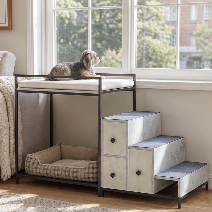 LEMBERI Pet Bunk Bed with Stairs and Storage, Dogs/Cats Window Perch, Bedside by LEMBERIHOME