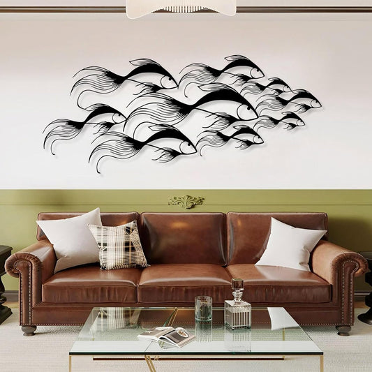 School of Fish Metal Wall Art, Metal Fish Wall Decor, Sea Life Wall Art, Large Nautical Wall Hanging, Modern Beach House Wall Decor, Ocean Themed Artwork for Bathroom (Black, 48"x20" | 121x51cm)