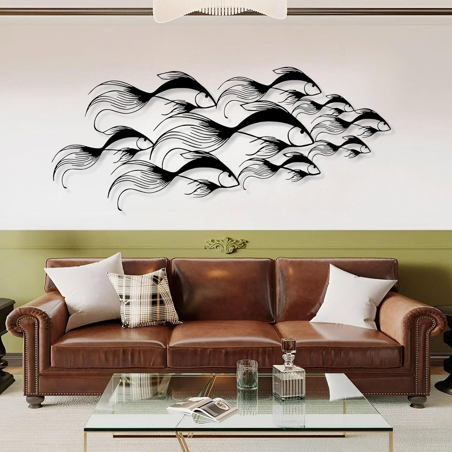 School of Fish Metal Wall Art, Metal Fish Wall Decor, Sea Life Wall Art, Large Nautical Wall Hanging, Modern Beach House Wall Decor, Ocean Themed Artwork for Bathroom (White, 53"x22" | 135x57cm)