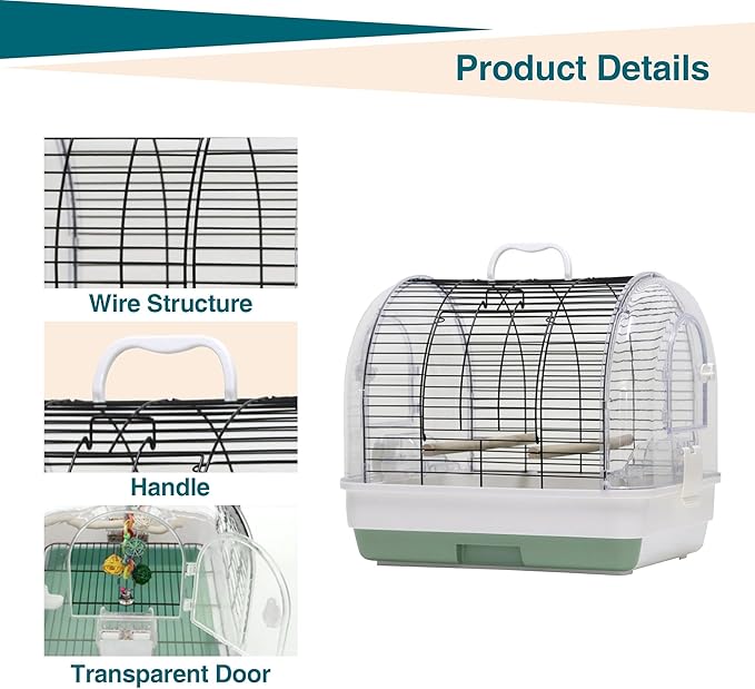 Portable Bird Cage with 2 Perches, Bird Travel Carrier with Food Bowls & Tray - Image 4